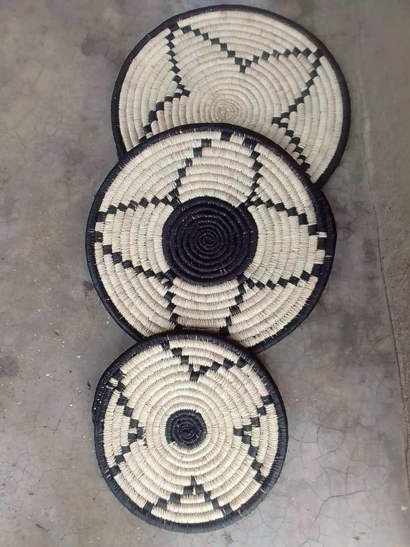 Black and white handwoven mat.