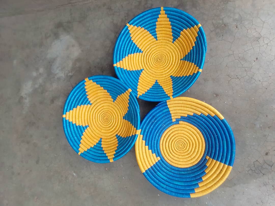 Blue and yellow handwoven mat.
