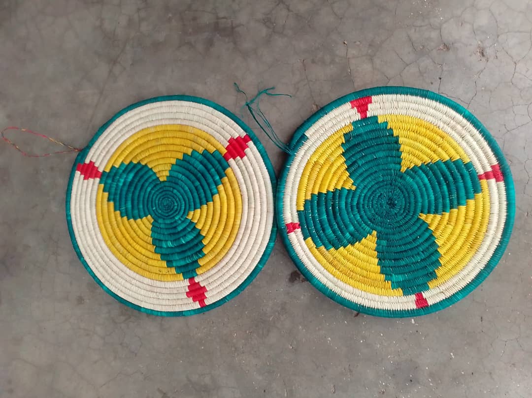 Yellow and red handwoven mat.